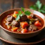 Delicious aguja de ternera estofada ready to enjoy, showcasing tender beef and colorful vegetables.