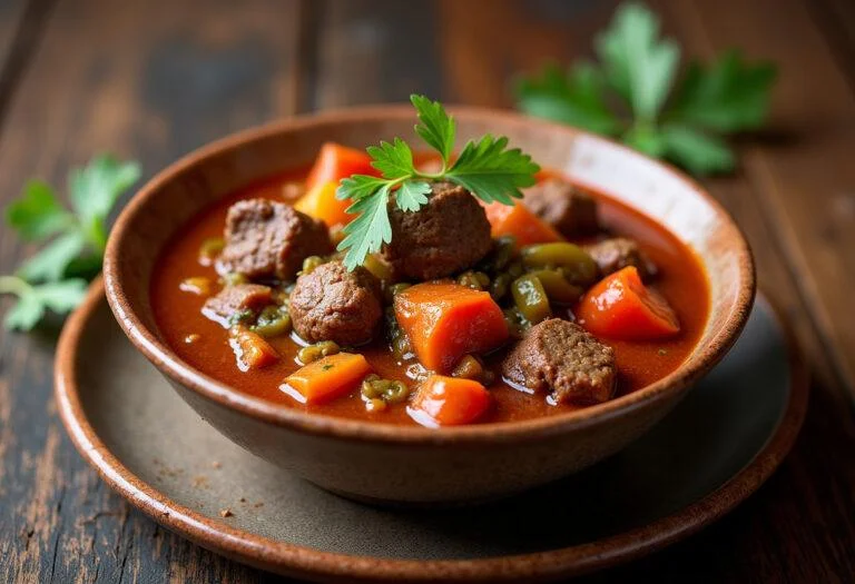 Delicious aguja de ternera estofada ready to enjoy, showcasing tender beef and colorful vegetables.