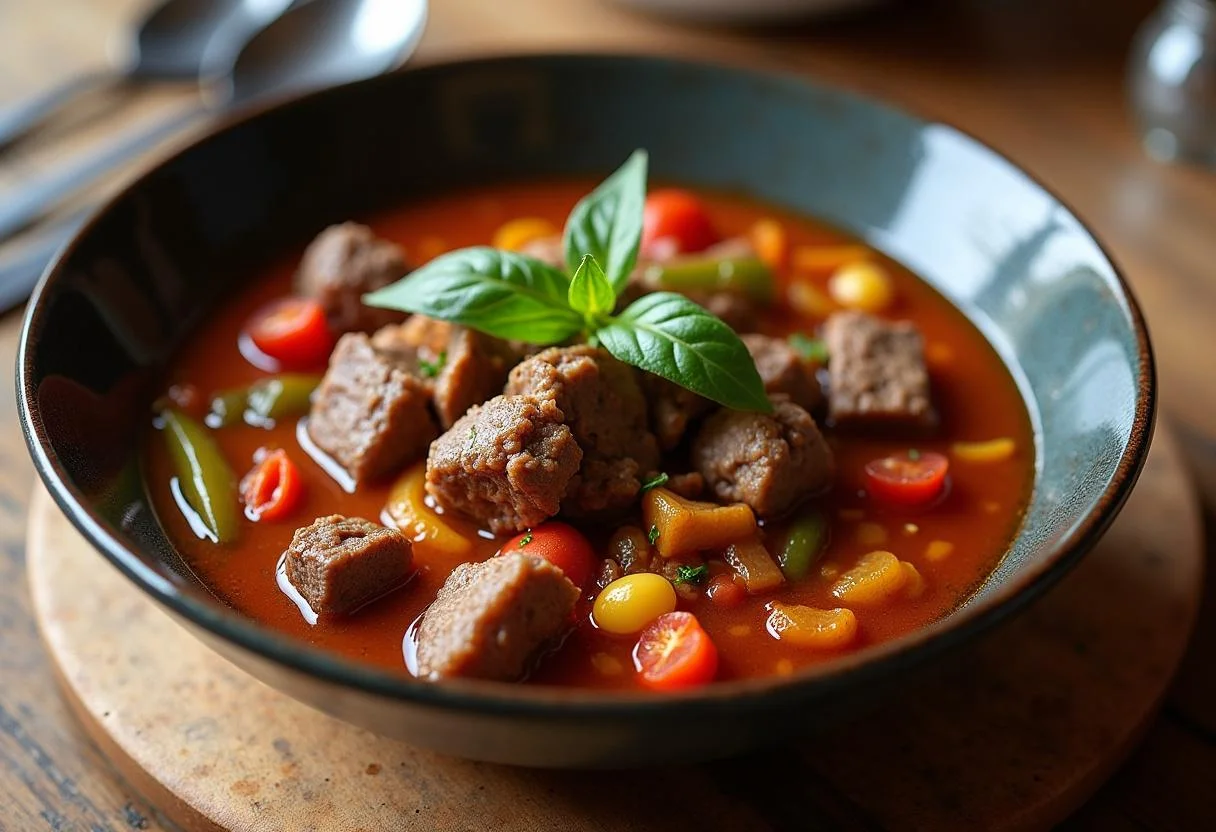 Deliciosa aguja de ternera estofada lista para disfrutar, mostrando carne tierna y vegetales coloridos.