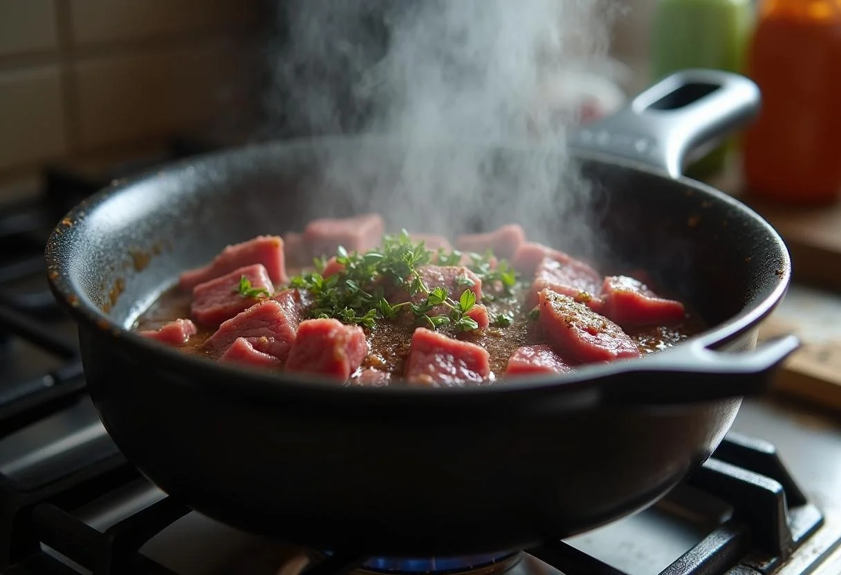 Aguja de ternera dorándose en una olla para un delicioso estofado.