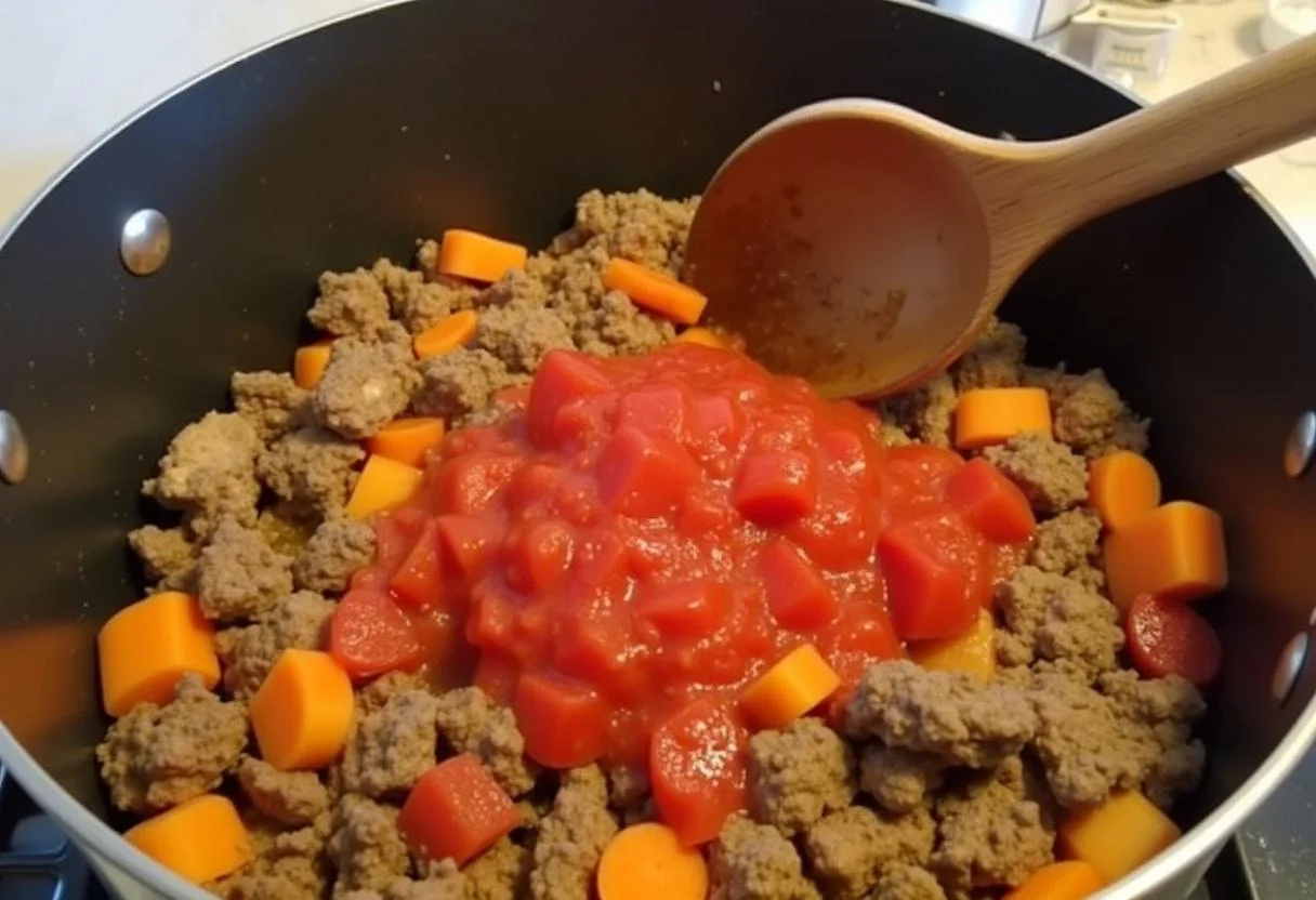 Ingredientes para aguja de ternera estofada mezclándose en una olla.