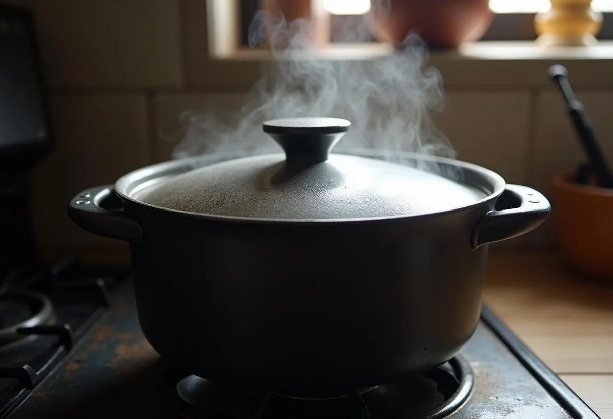 Olla de aguja de ternera estofada cocinándose a fuego lento en la estufa.