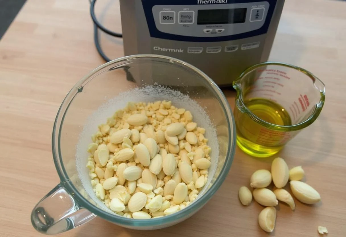 Almendras peladas y ajo preparándose para la receta de Ajo Blanco Thermomix.