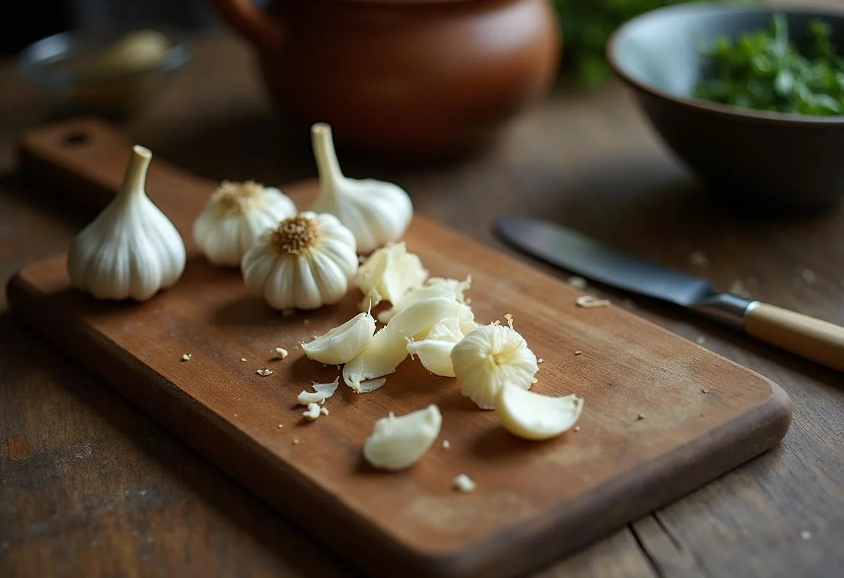 Ajo fresco siendo preparado para la receta tradicional de Ajo Mataero, mostrando su ingrediente clave.