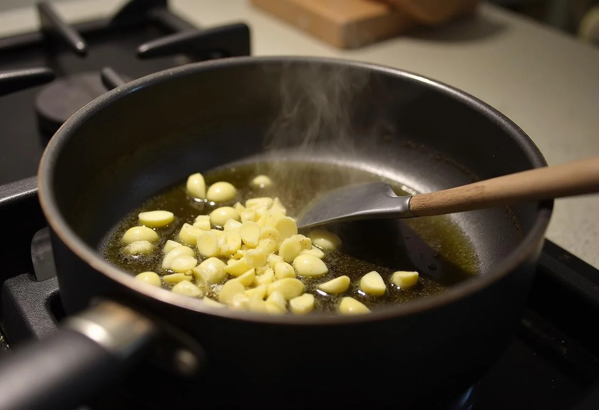 Ajo picado siendo sofreído en aceite de oliva para la preparación de Ajo Mataero, llenando la cocina con aromas fragantes.