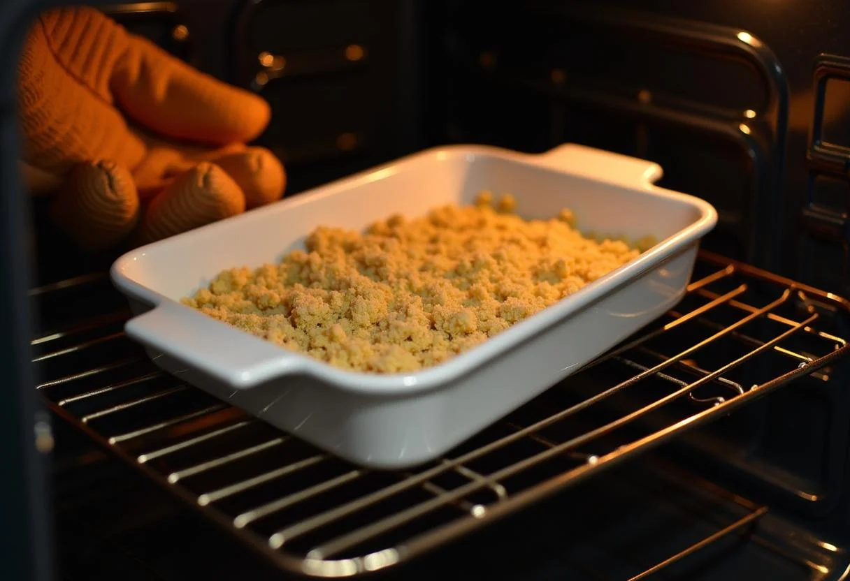Fuente para hornear llena con la mezcla de Ajo Mataero siendo colocada en el horno para cocinar.