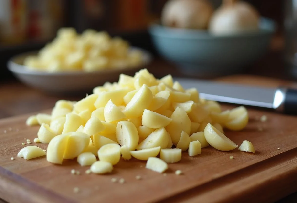 Ajo tierno picado en una tabla de cortar, listo para el plato de Ajo Tierno Fresco.