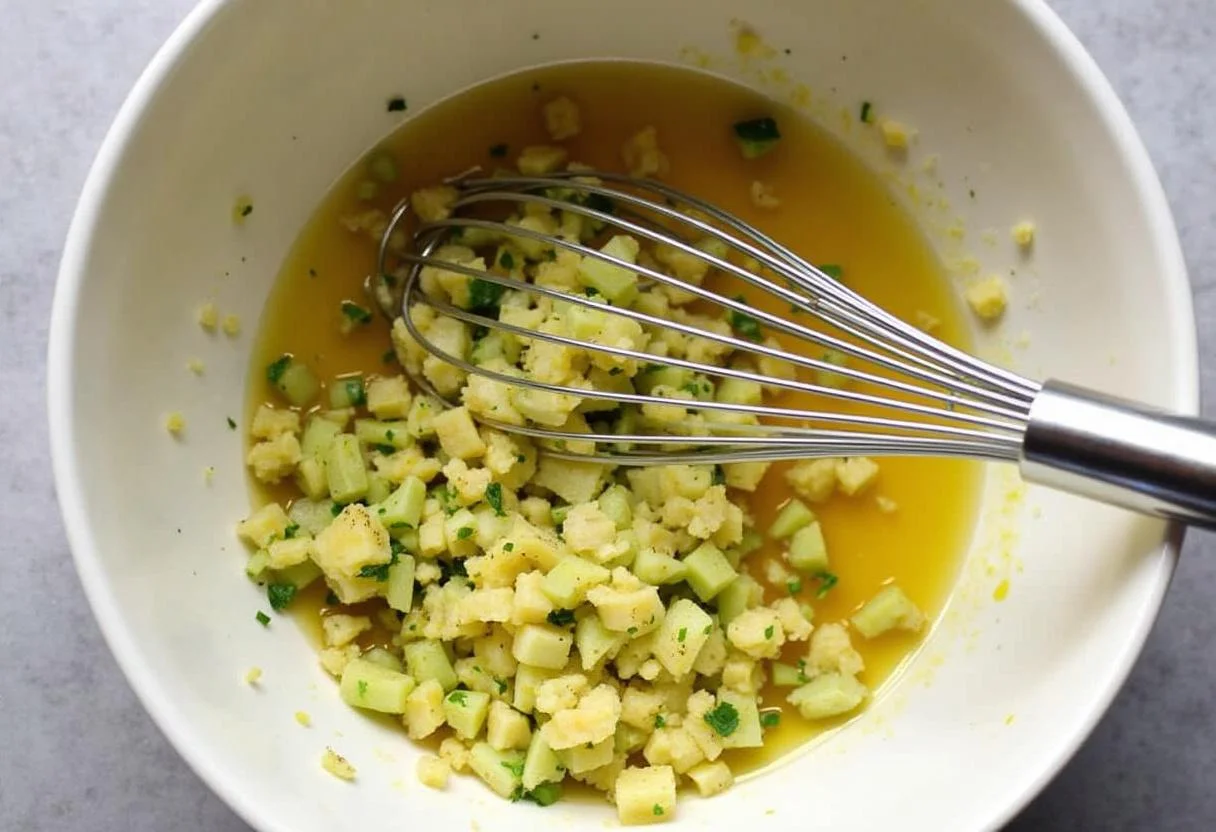 Mezclando ingredientes para Ajo Tierno Fresco con ajo fresco y aceite de oliva.
