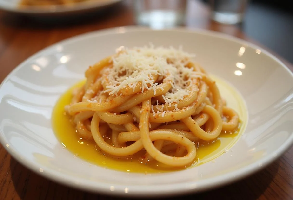 Plato final de pasta con ajo y guindilla, perfecto para disfrutar en una comida familiar.