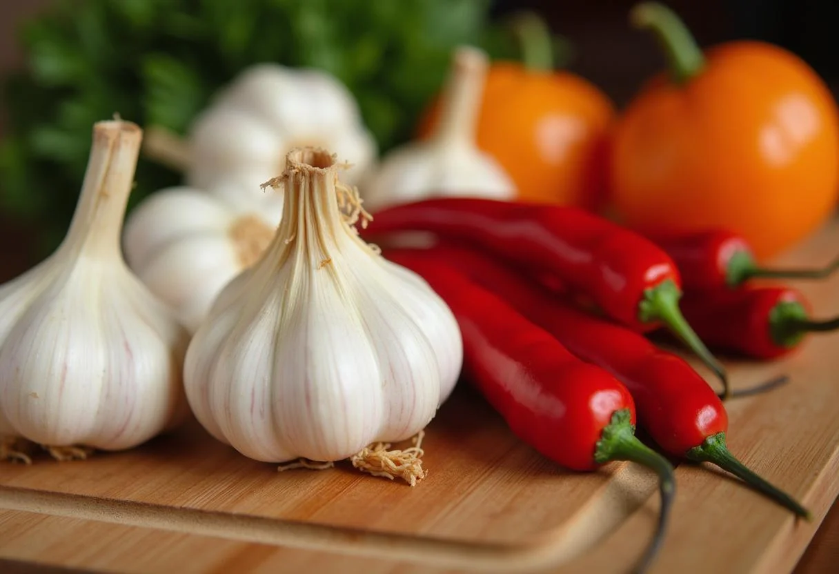 Ajo y guindilla frescos listos para preparar una deliciosa receta picante.