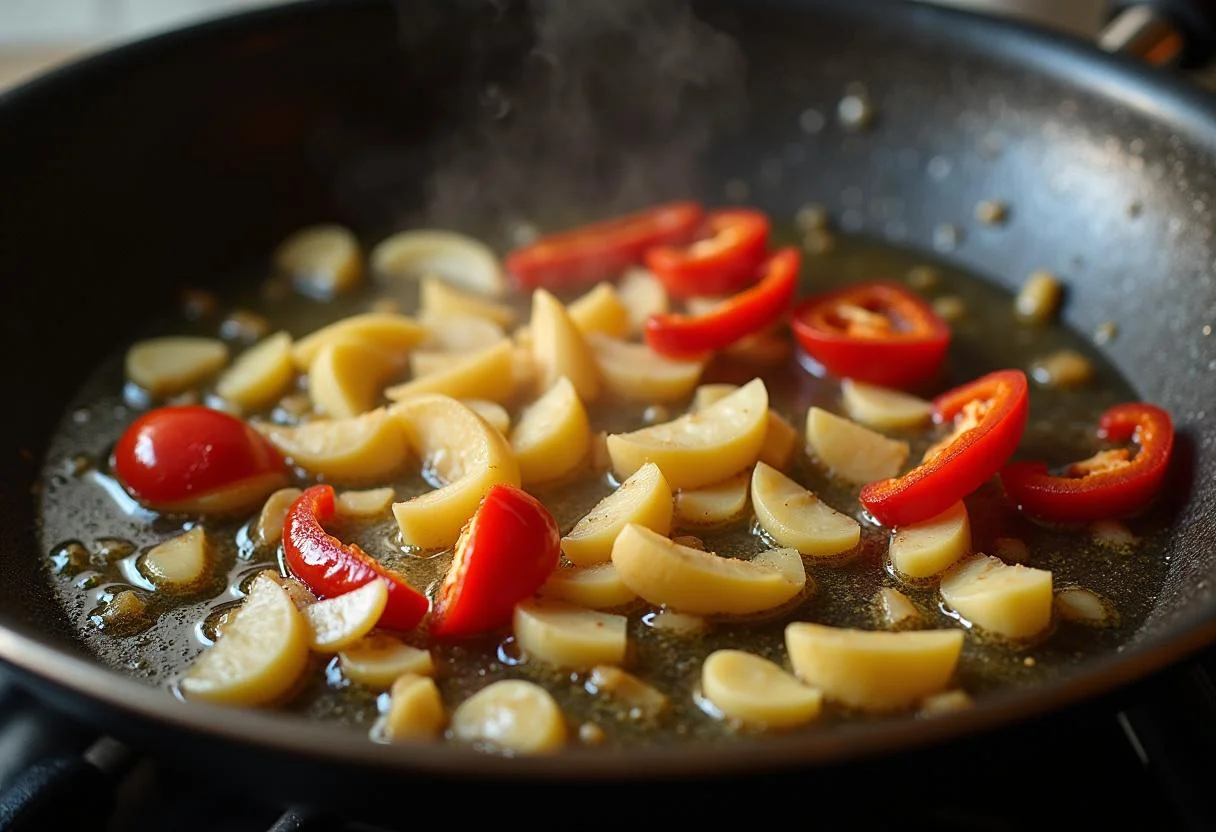 Ajo y guindilla picante cocinándose en una sartén con aceite de oliva.