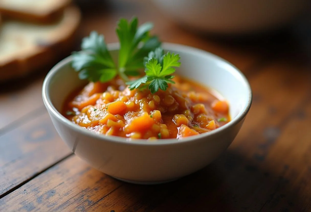 Bol con mezcla de ajo y guindilla lista para realzar platillos en la cocina.
