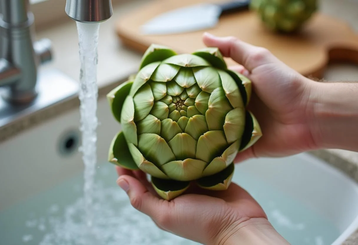 Alcachofas siendo enjuagadas para preparar la receta de temporada alcachofas.