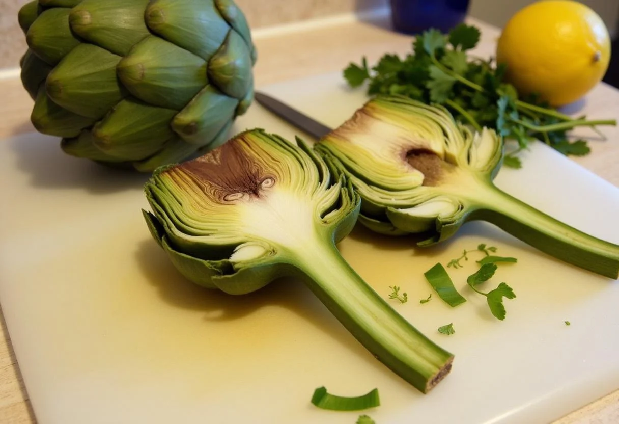 Recortando y preparando alcachofas para el plato de temporada alcachofa en la cocina.