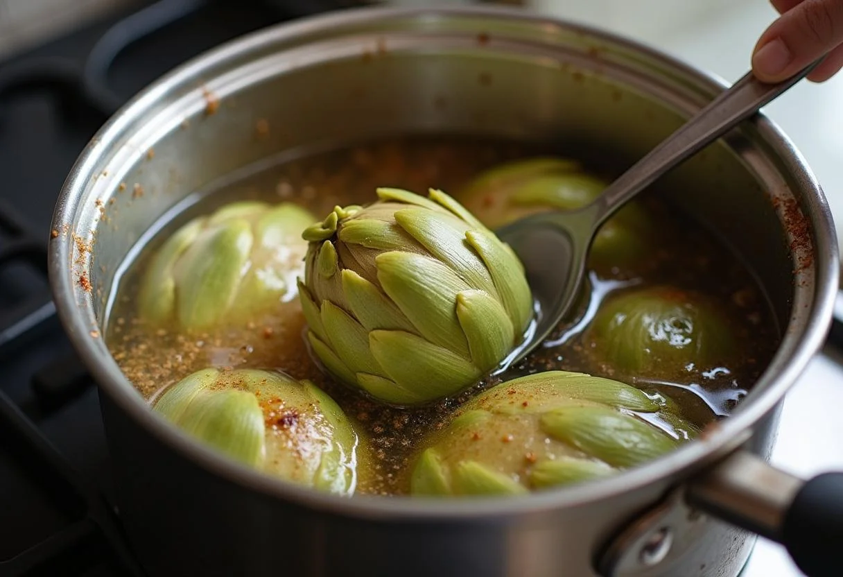 Hirviendo alcachofas en una olla para la receta de temporada de alcachofas.