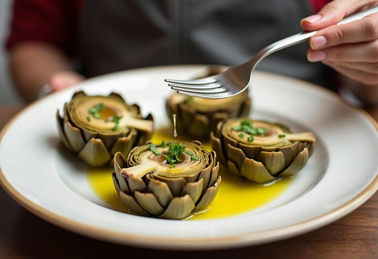 Alcachofas preparadas rociadas con aceite de oliva, listas para servir como un plato de temporada alcachofa.