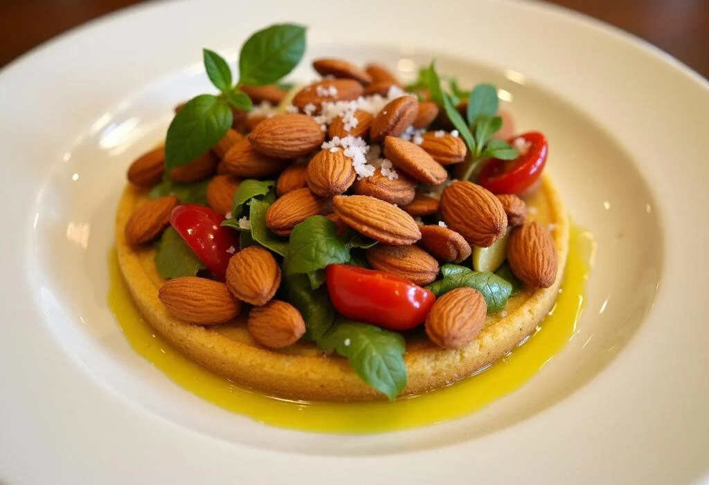 Finished Almendra Marcona Tostada with crispy almonds drizzled with olive oil, perfect for a delicious snack.