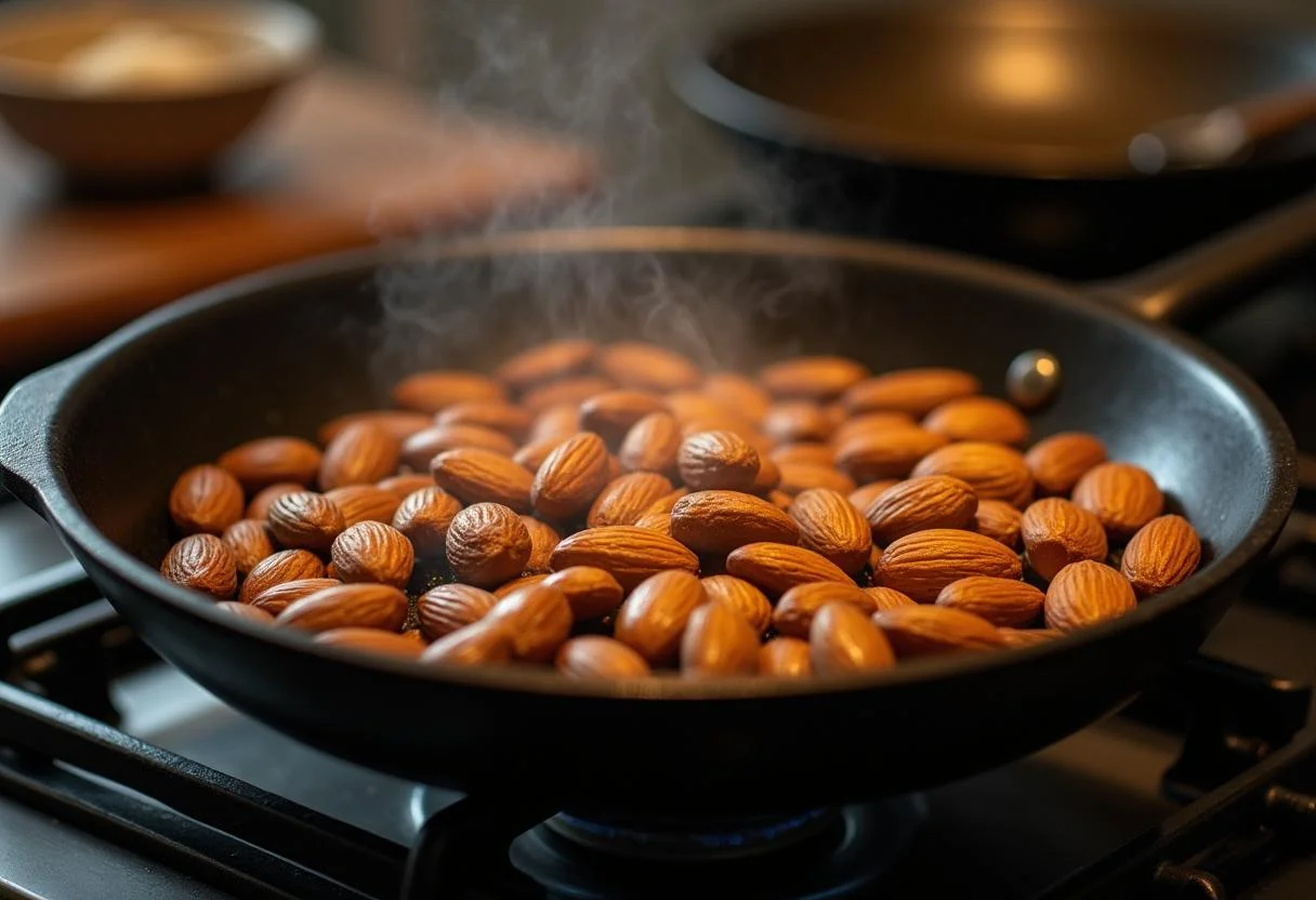 Tostando almendras Marcona en una sartén para la receta de Almendra Marcona Tostada.