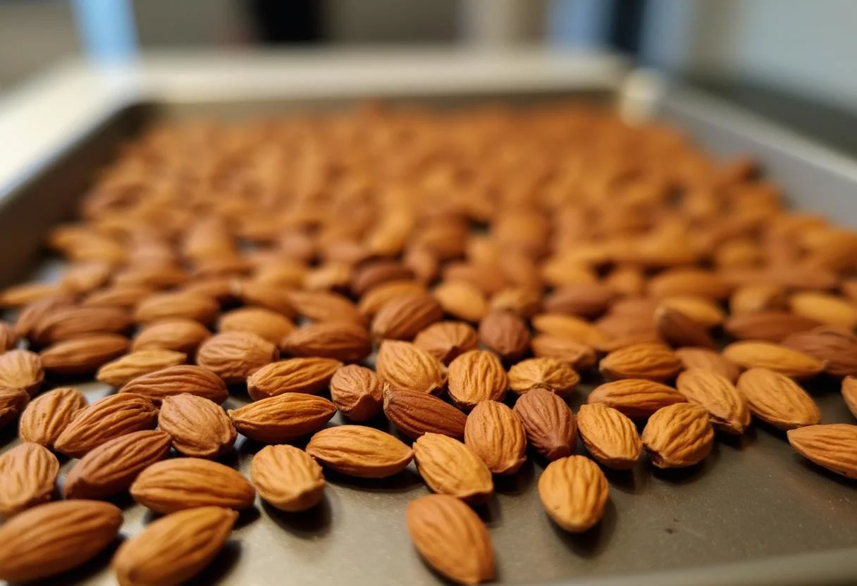 Almendras Marcona tostadas enfriándose después de ser preparadas para Almendra Marcona Tostada.