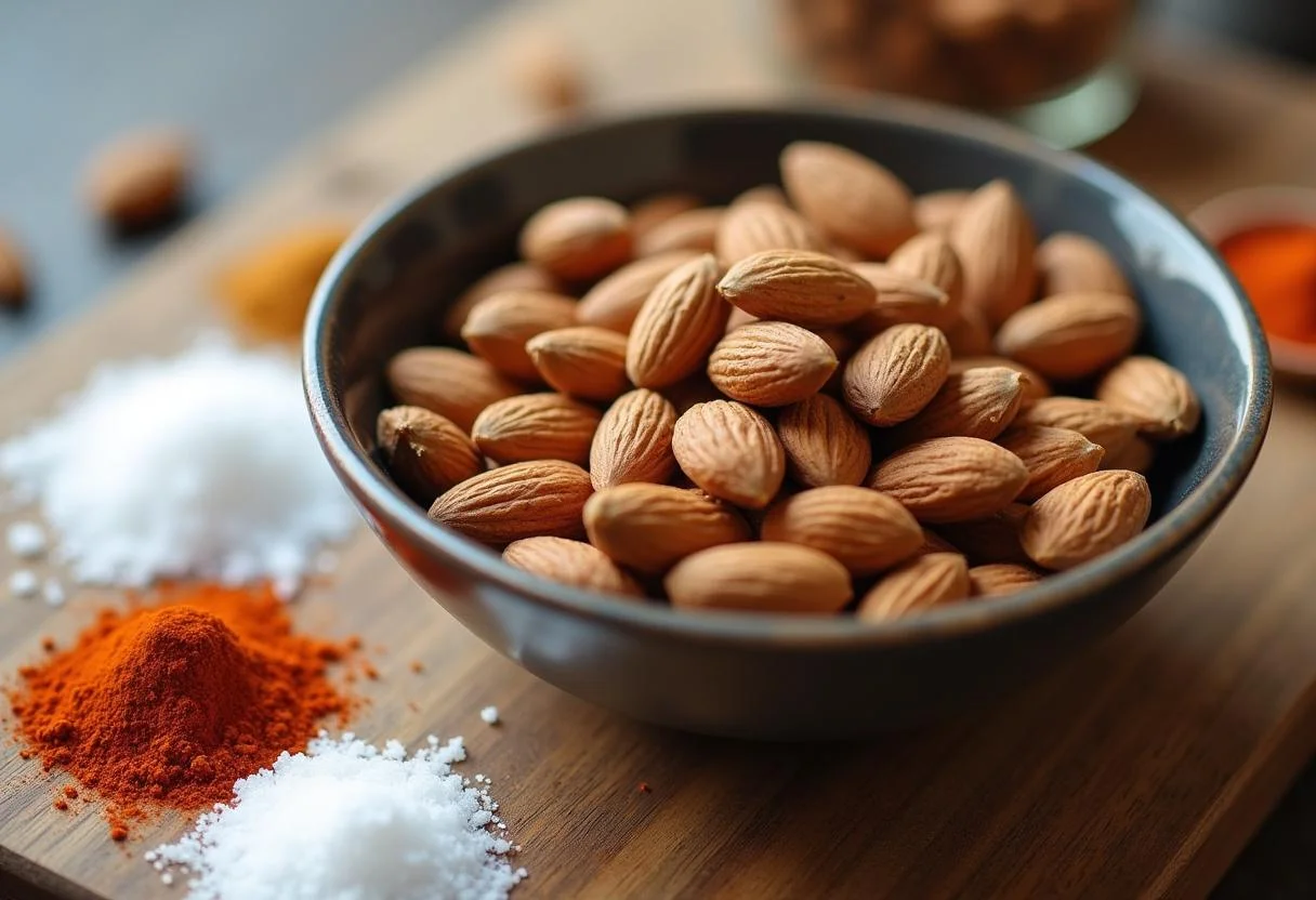 Almendras crudas preparadas para hacer almendras fritas saladas, listas para ser sazonadas.