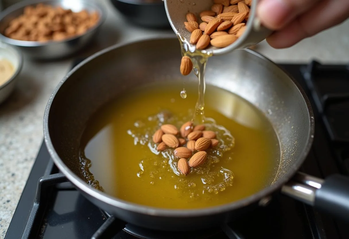 Almendras agregándose a aceite caliente en una cacerola para freír en la receta de almendras fritas saladas.