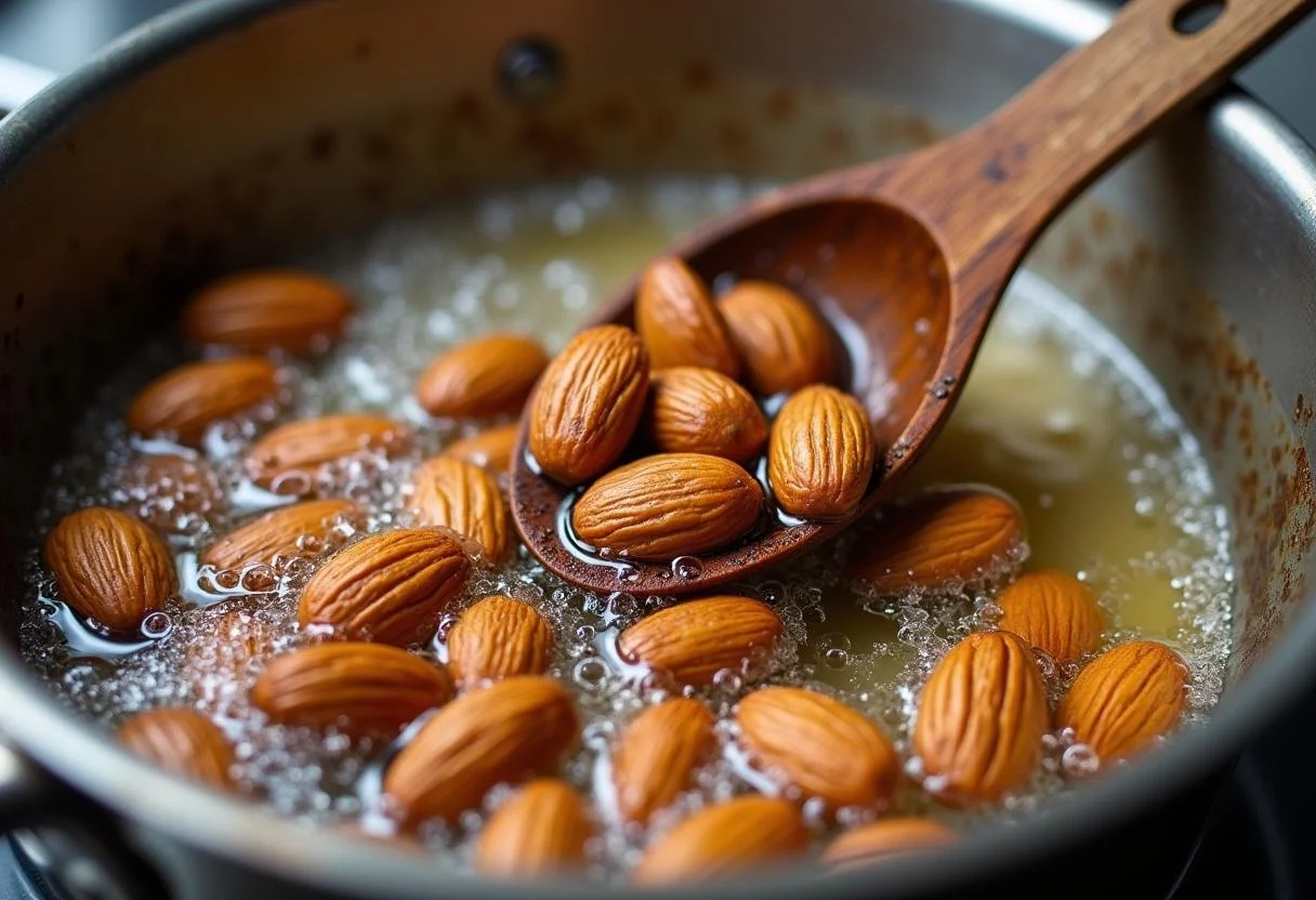 Almendras friéndose en aceite para hacer crujientes almendras fritas saladas.