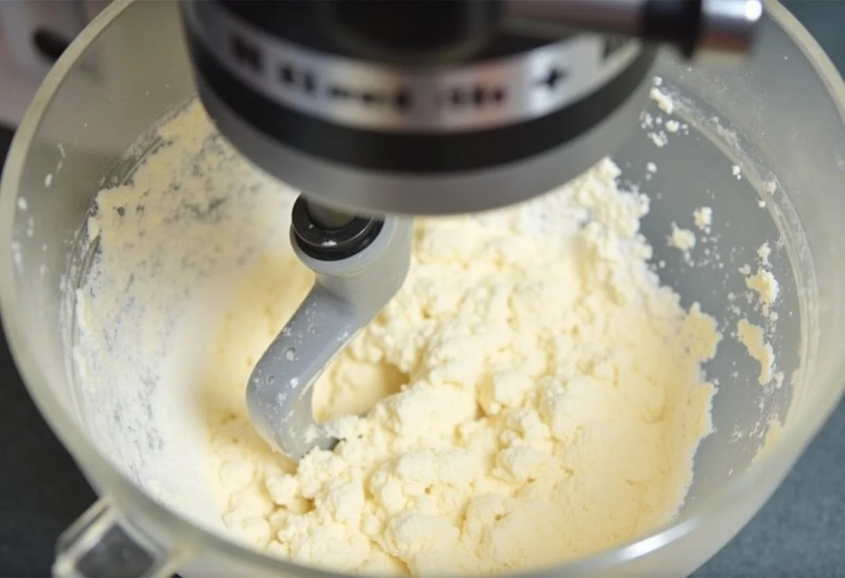 Masa siendo mezclada en una amasadora de pan para hacer pan casero.