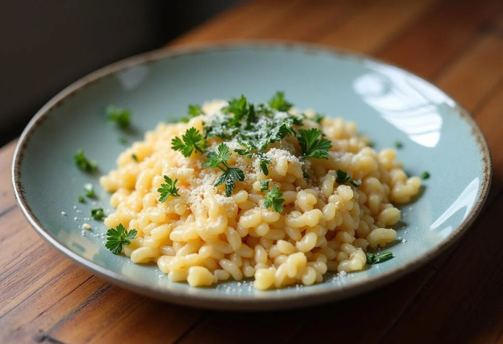 Delicious creamy arroz arborio served with herbs and cheese, perfect for a comforting meal.