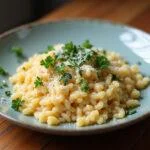 Delicious creamy arroz arborio served with herbs and cheese, perfect for a comforting meal.
