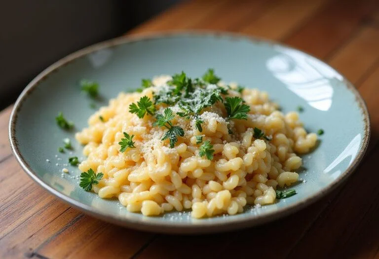 Delicious creamy arroz arborio served with herbs and cheese, perfect for a comforting meal.