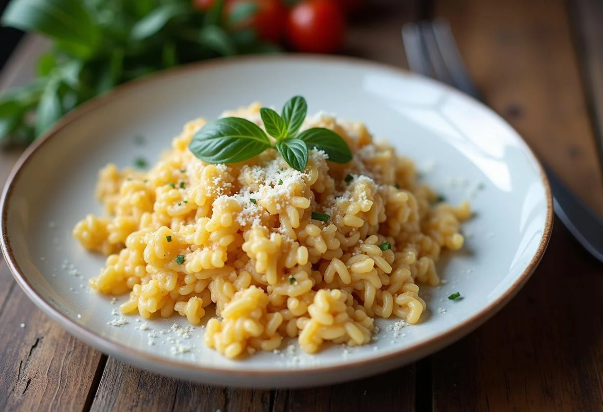 Delicioso arroz arborio cremoso servido con hierbas y queso, perfecto para una comida reconfortante.