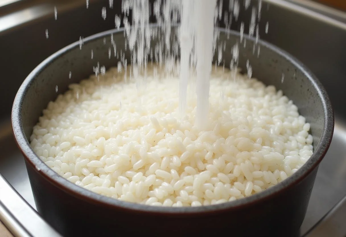 Arroz arborio siendo lavado en preparación para un plato cremoso.