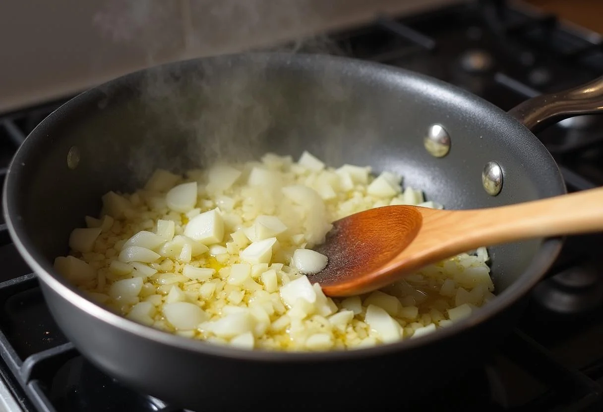 Sofriendo cebollas y ajo para una receta cremosa de arroz arborio.