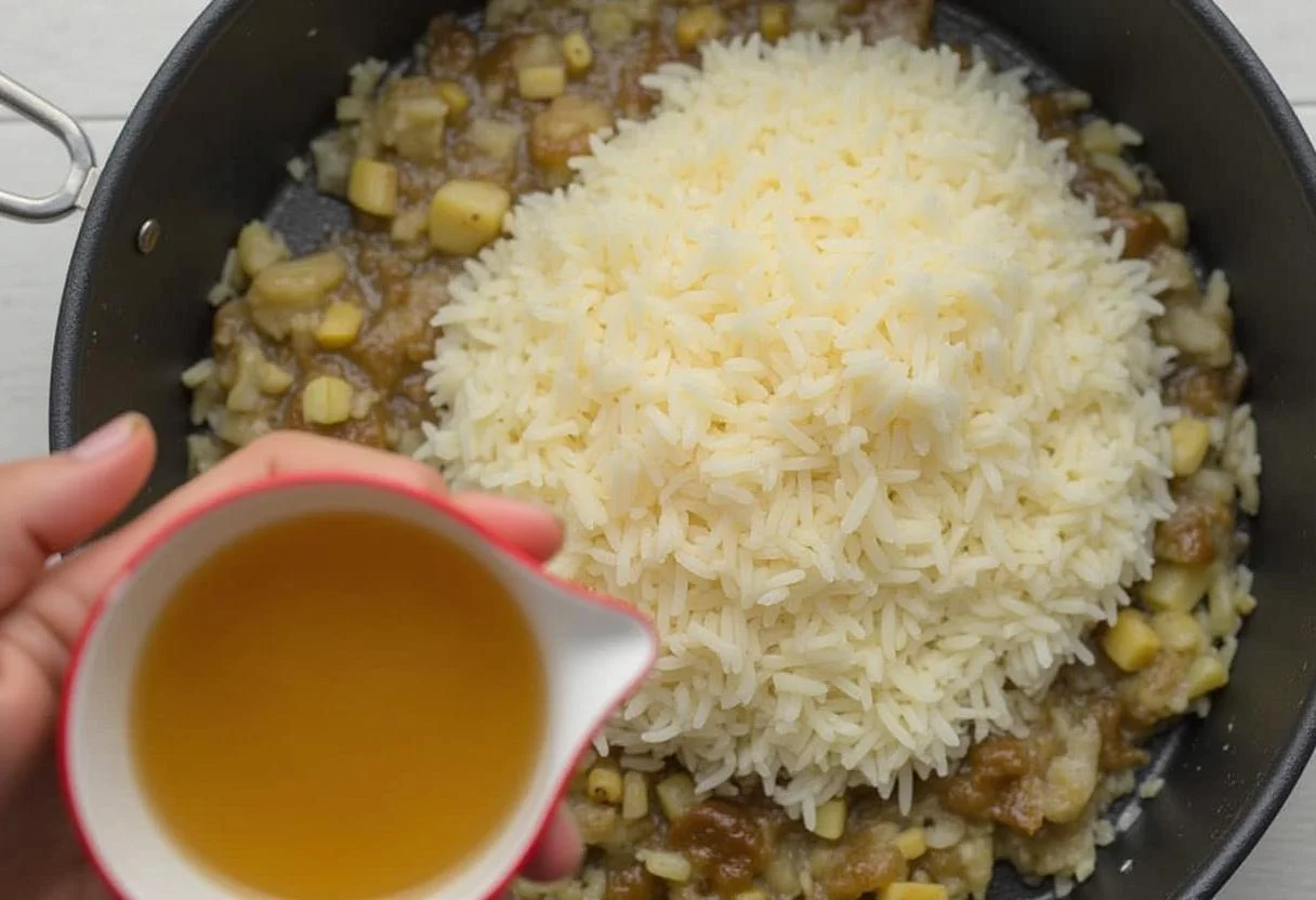 Añadiendo arroz arborio a la olla para hacer risotto cremoso.