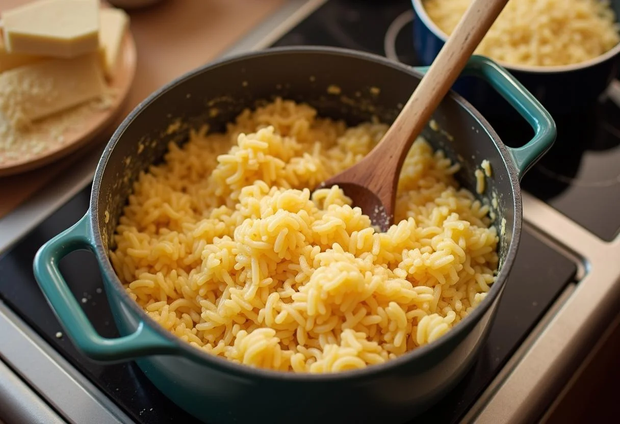 Removiendo arroz arborio cremoso con queso Parmesano para el toque final.