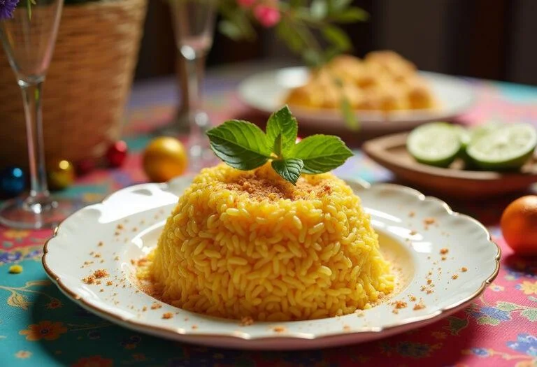 Arroz brillante terminado en la mesa, ideal para celebraciones.