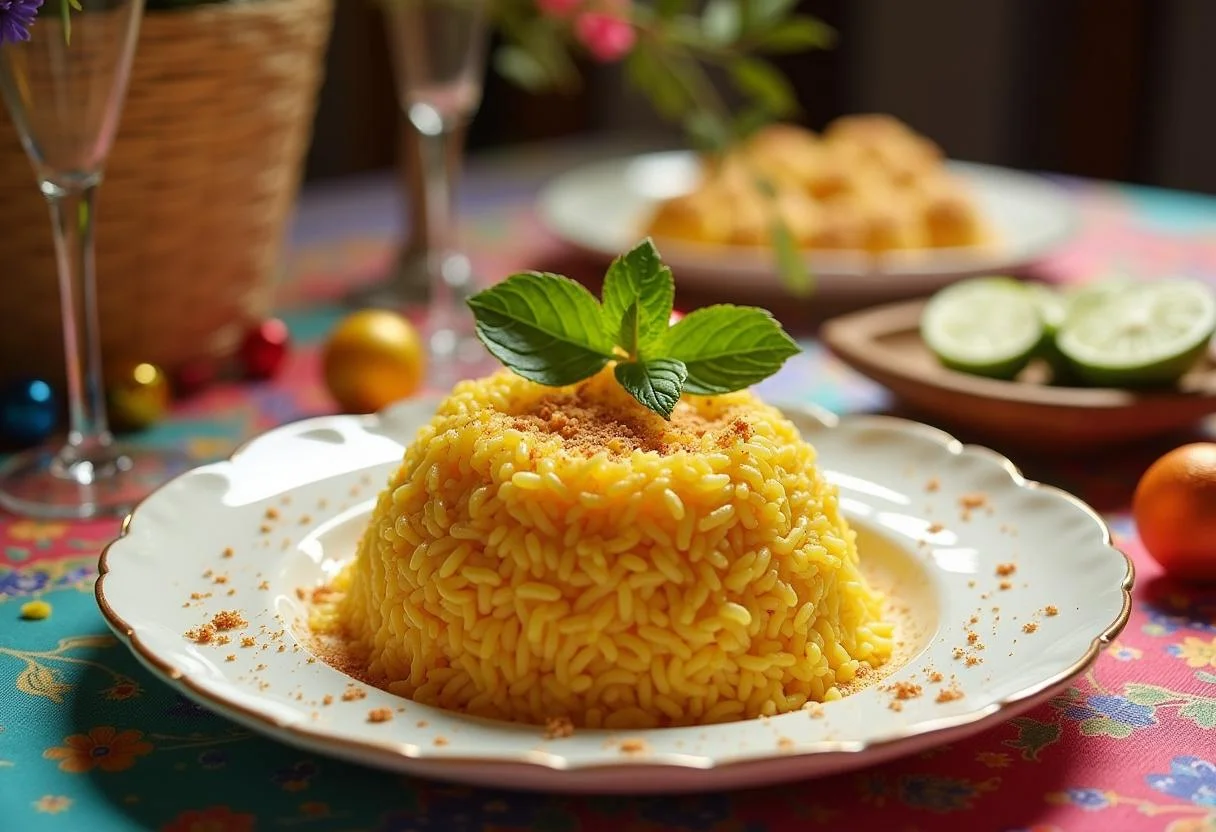Arroz brillante terminado en la mesa, ideal para celebraciones.