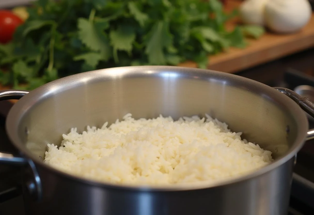 Preparación del arroz brillante con arroz y agua en una olla.