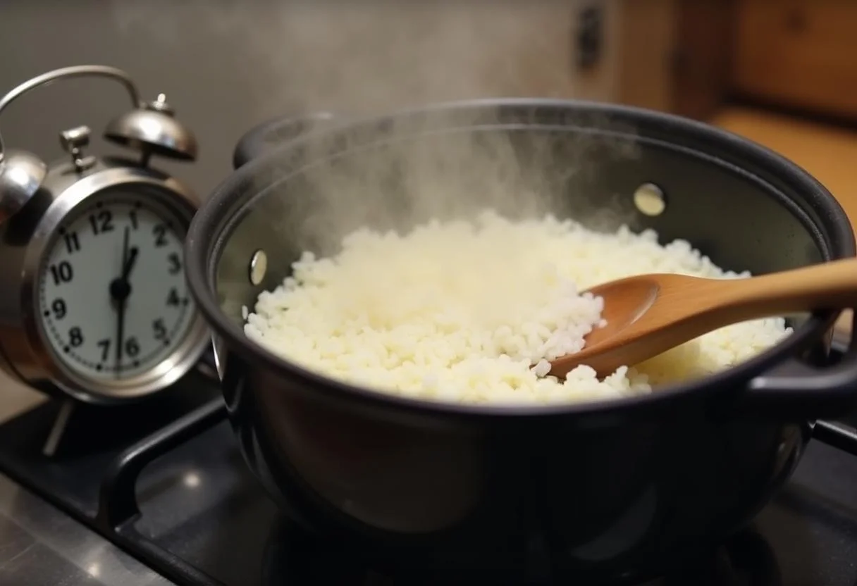 Cocción del arroz brillante en una olla mientras se genera vapor.