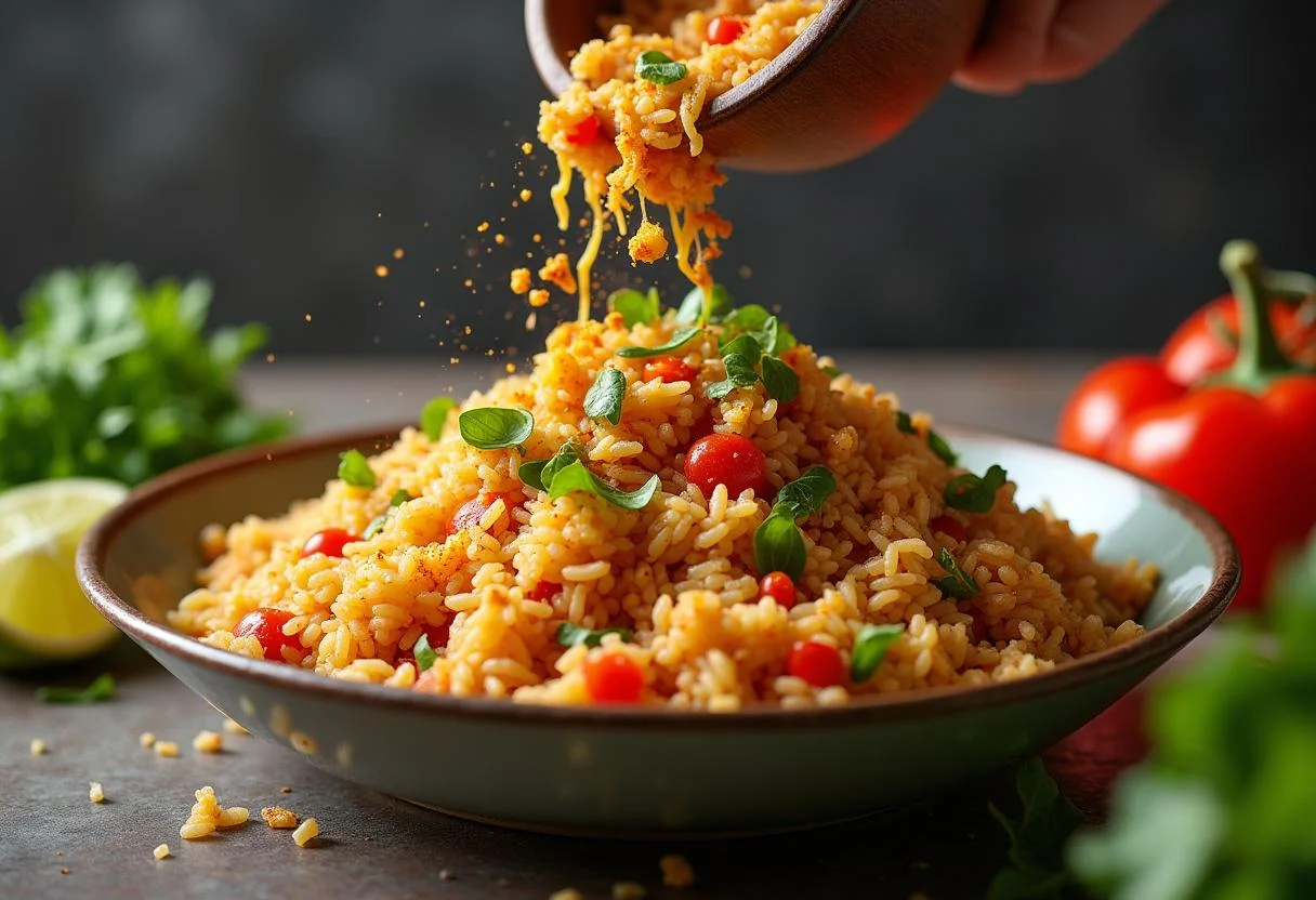 Mezcla de verduras salteadas con arroz brillante en un tazón.