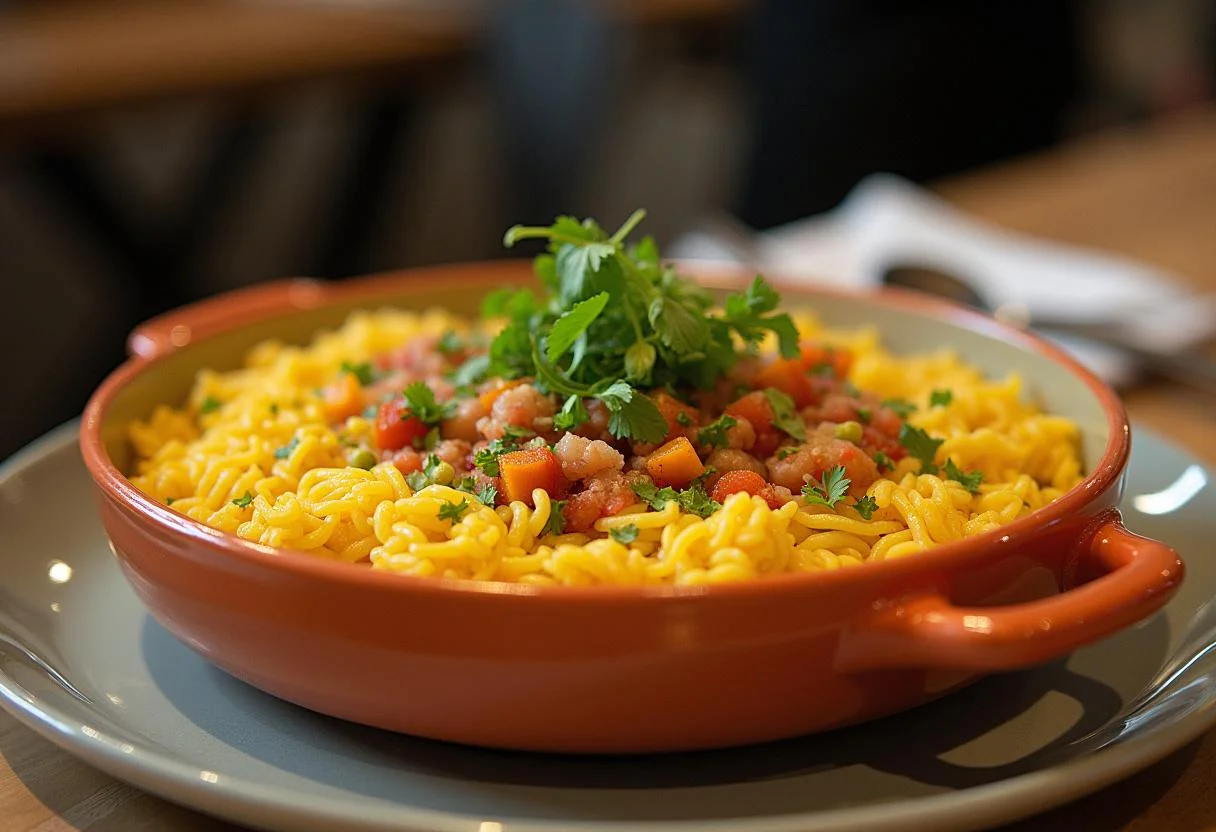 Arroz brillante servido en un plato grande, listo para disfrutar.