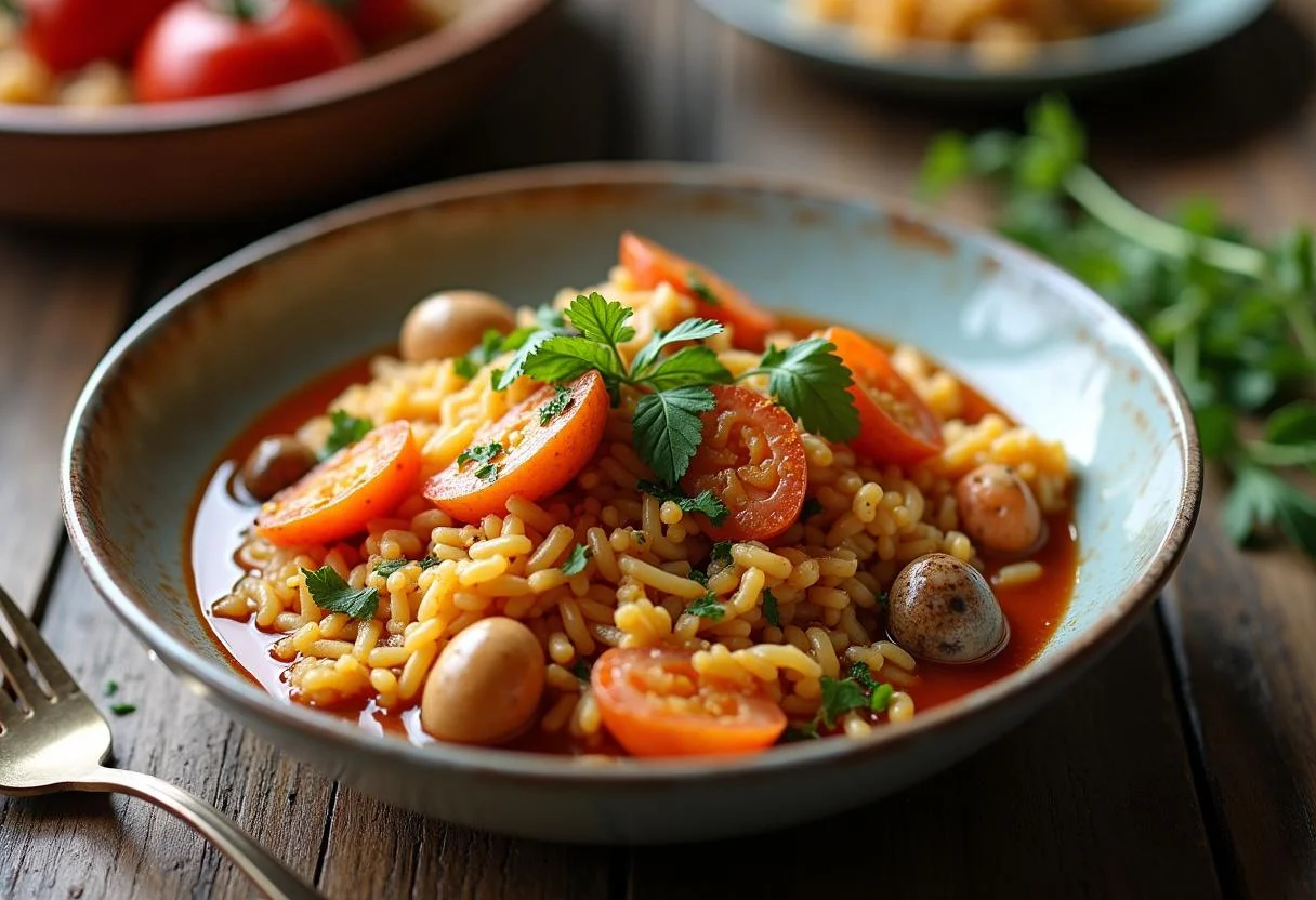 Arroz caldero murciano terminado y servido en un plato, mostrando el delicioso plato de arroz y mariscos.