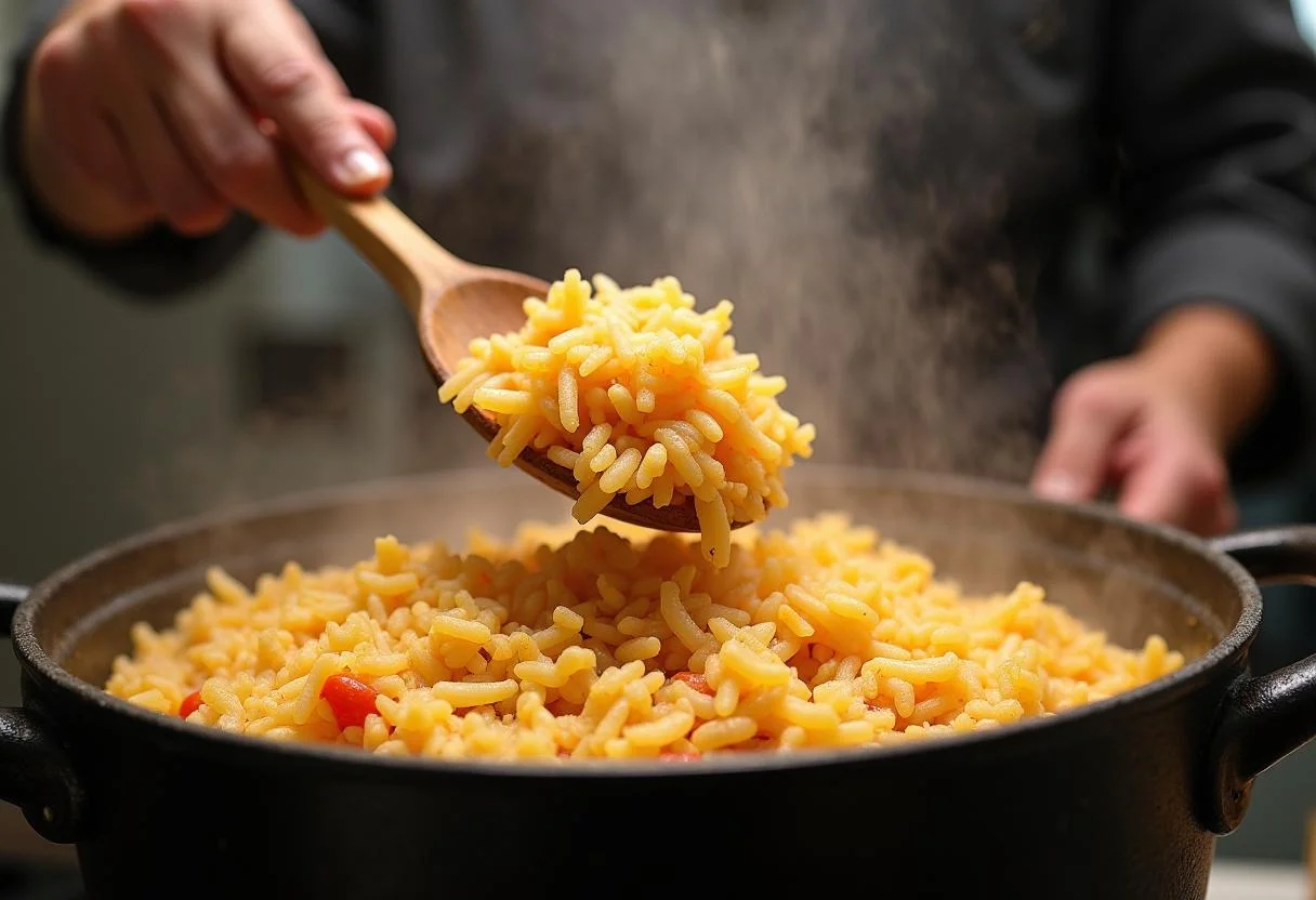Añadiendo arroz a la olla para hacer un delicioso arroz caldero murciano.