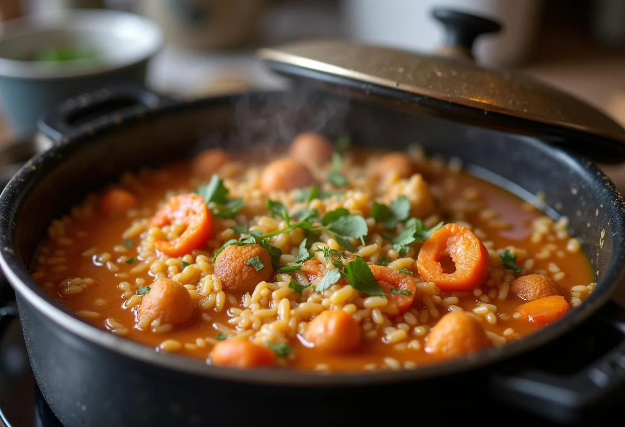 Olla a fuego lento de arroz caldero murciano en la estufa, llena de deliciosos mariscos y arroz.