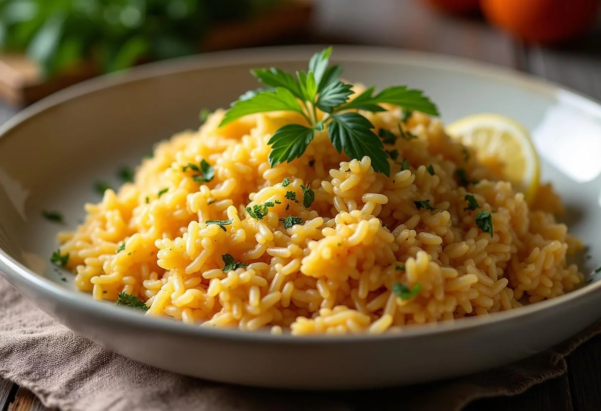 Delicioso y cremoso arroz redondo meloso servido con limón, ideal para una comida casera.