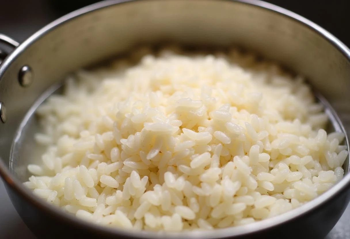 Arroz redondo remojado en agua preparándose para un plato de arroz meloso.