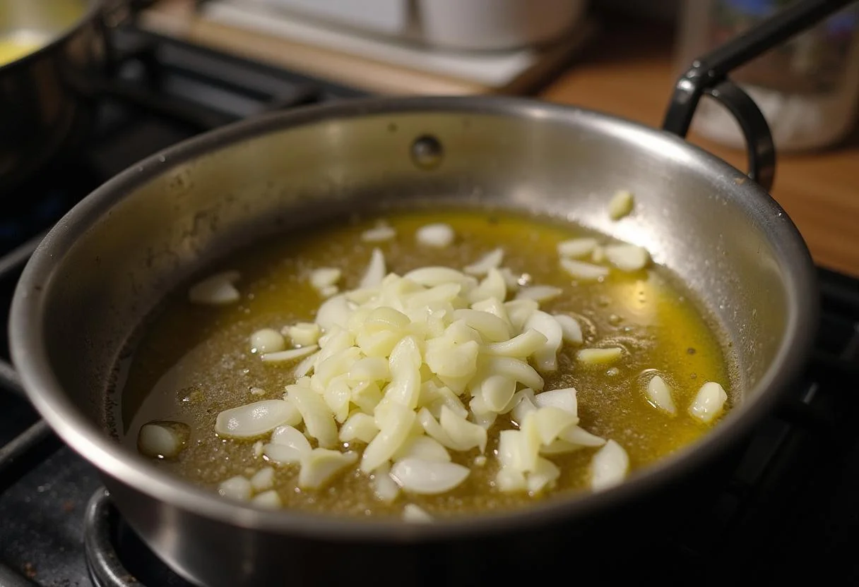 Sofriendo cebollas y ajo en aceite de oliva para la preparación del arroz redondo meloso.