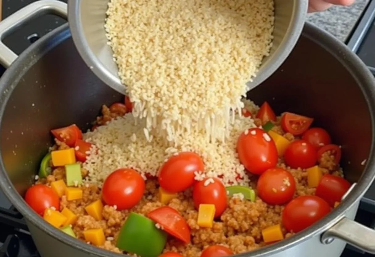 Añadiendo verduras y arroz redondo a la olla para el plato de arroz meloso.