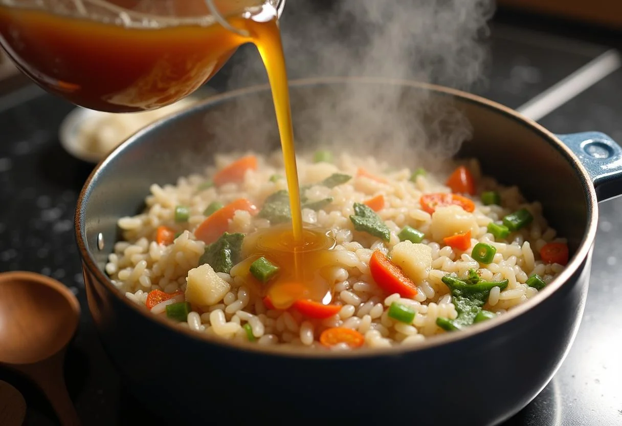 Caldo que se añade a la mezcla de arroz redondo para el proceso de cocción del arroz meloso.