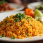Finished Arroz Sabroz garnished with herbs, perfect for a hearty meal.